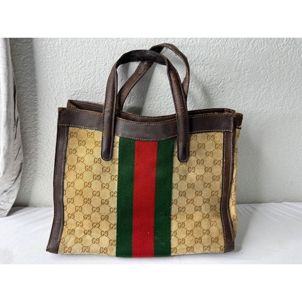 Vintage Gucci GG Supreme Monogram Web Stripe Tote Bag Brown Canvas